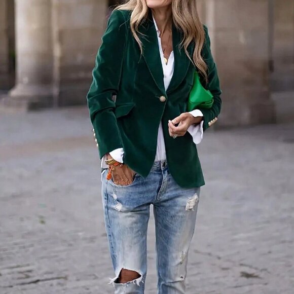 Green Casual Women's Premium Velvet Blazer jacket - Picture 4 of 5